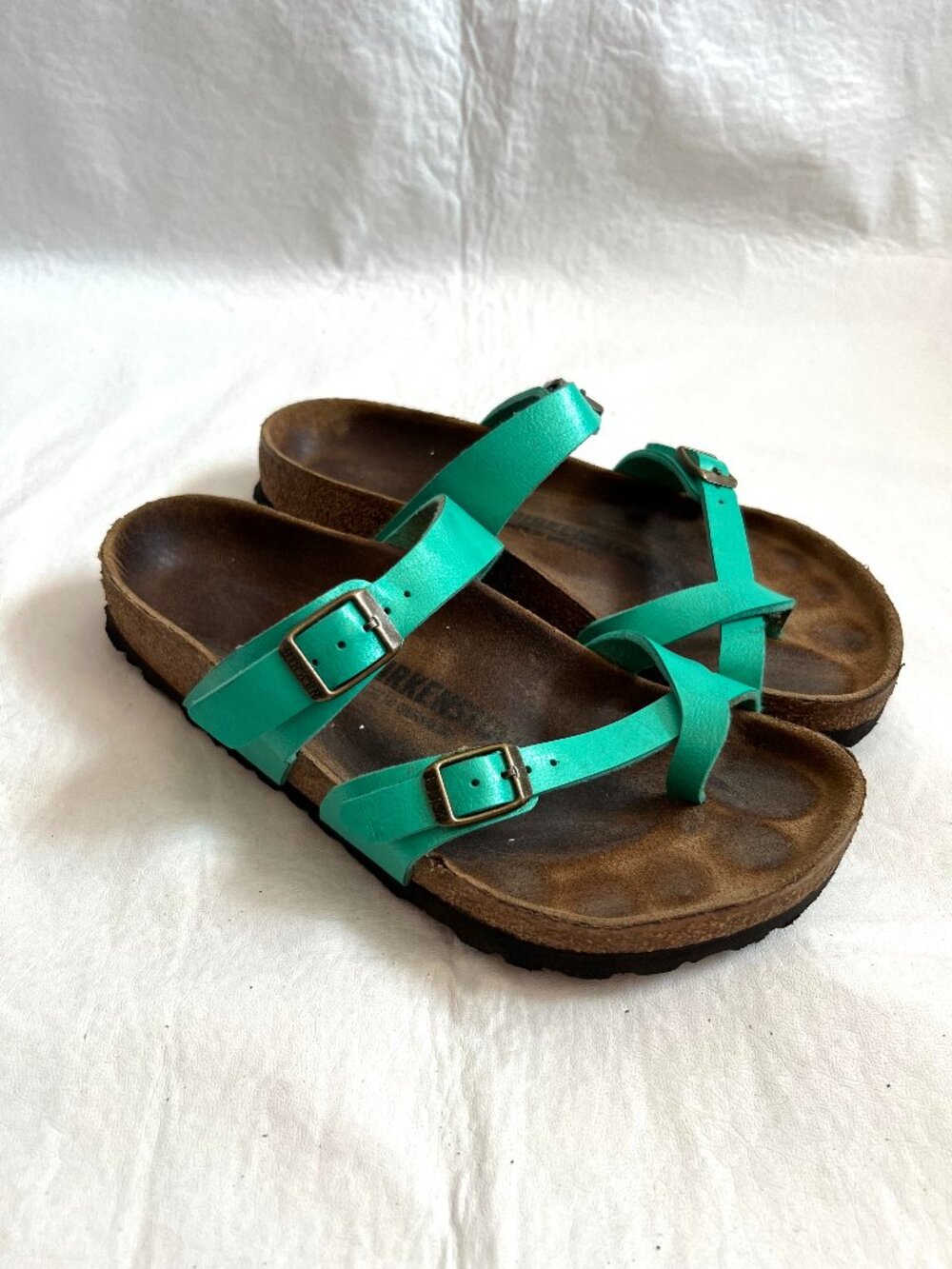 Birkenstock sandals womens 37 6 6.5 turquoise birko flor faux leather toe loop